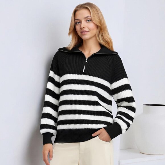 Women's Stripe Sweater Half Turtleneck Zipper Long Sleeve Knit Striped Black - Picture 6 of 7